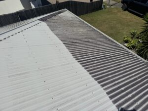 Half-cleaned corrugated metal roof showing mould removal during a Bakers Creek roof clean