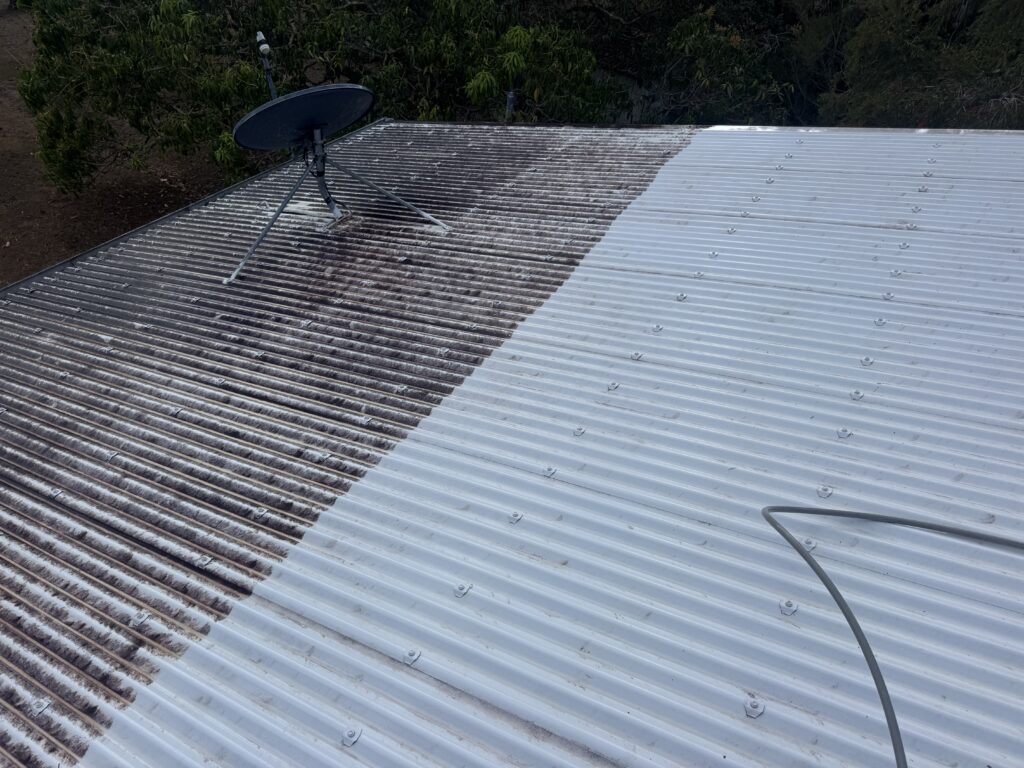 Roof cleaning Calen in progress with dark roofing on the left and a clean light section on the right