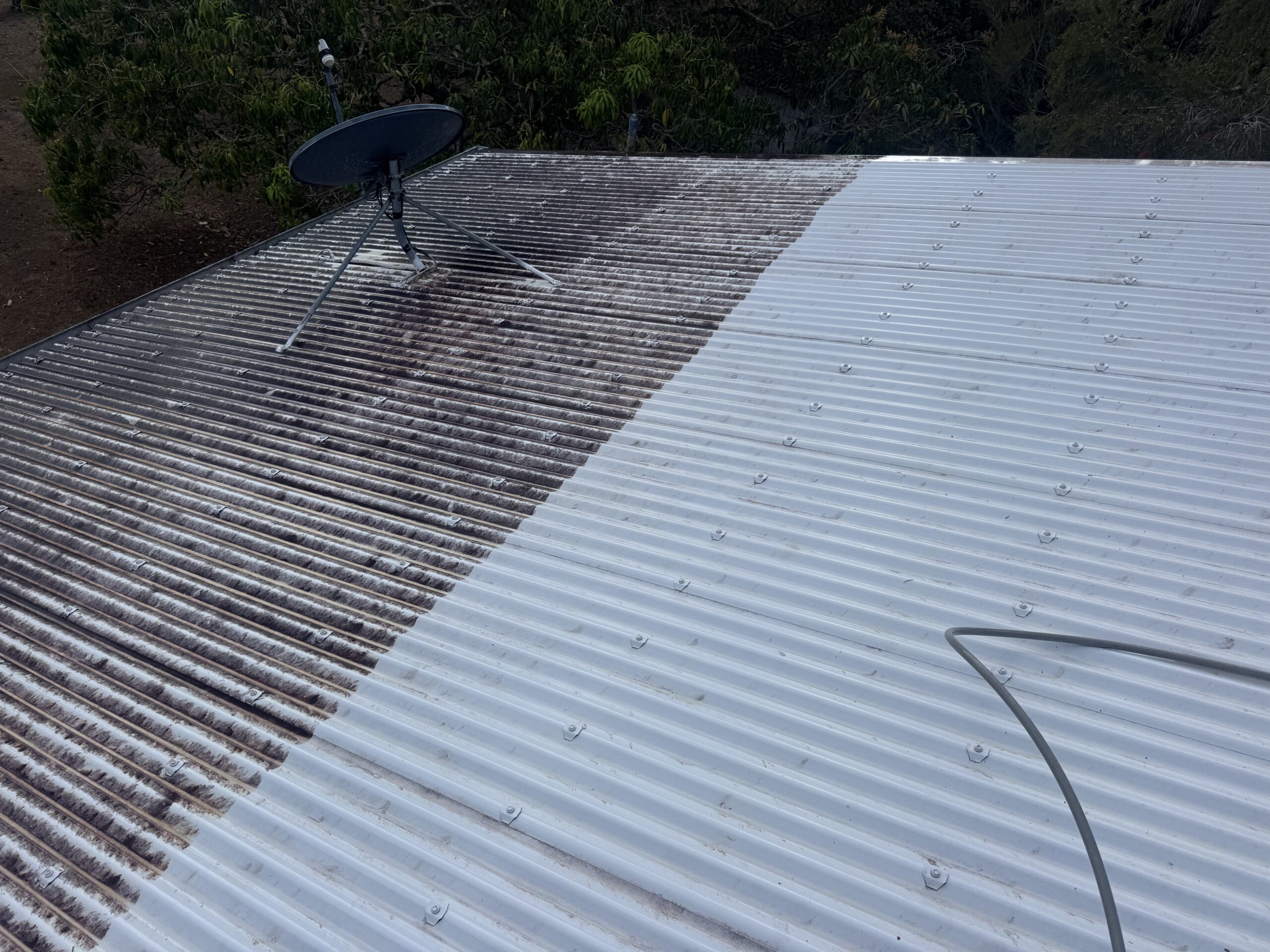 Roof cleaning Calen in progress with dark roofing on the left and a clean light section on the right
