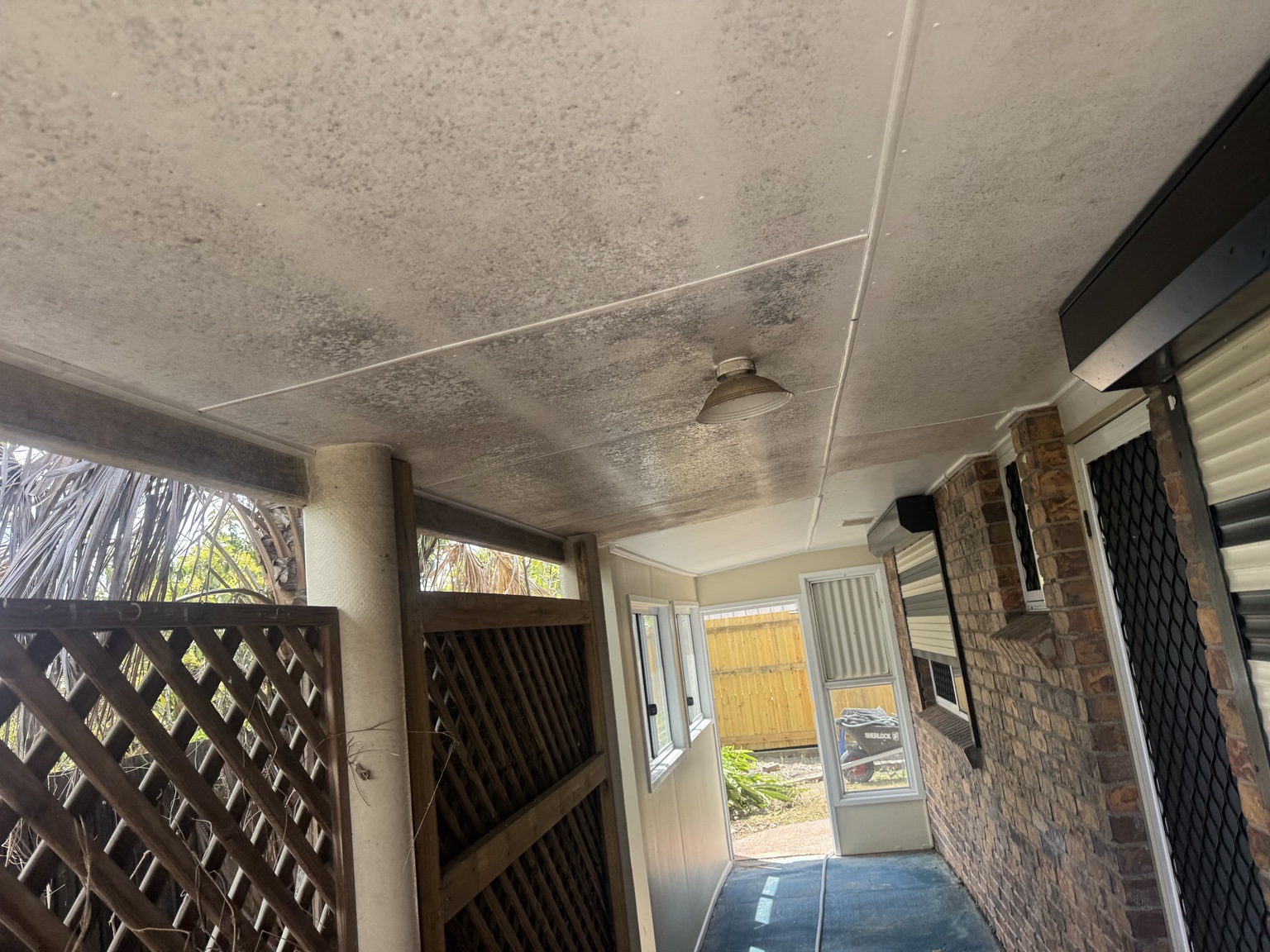 Dark speckled staining across the covered patio ceiling before the Sarina house wash