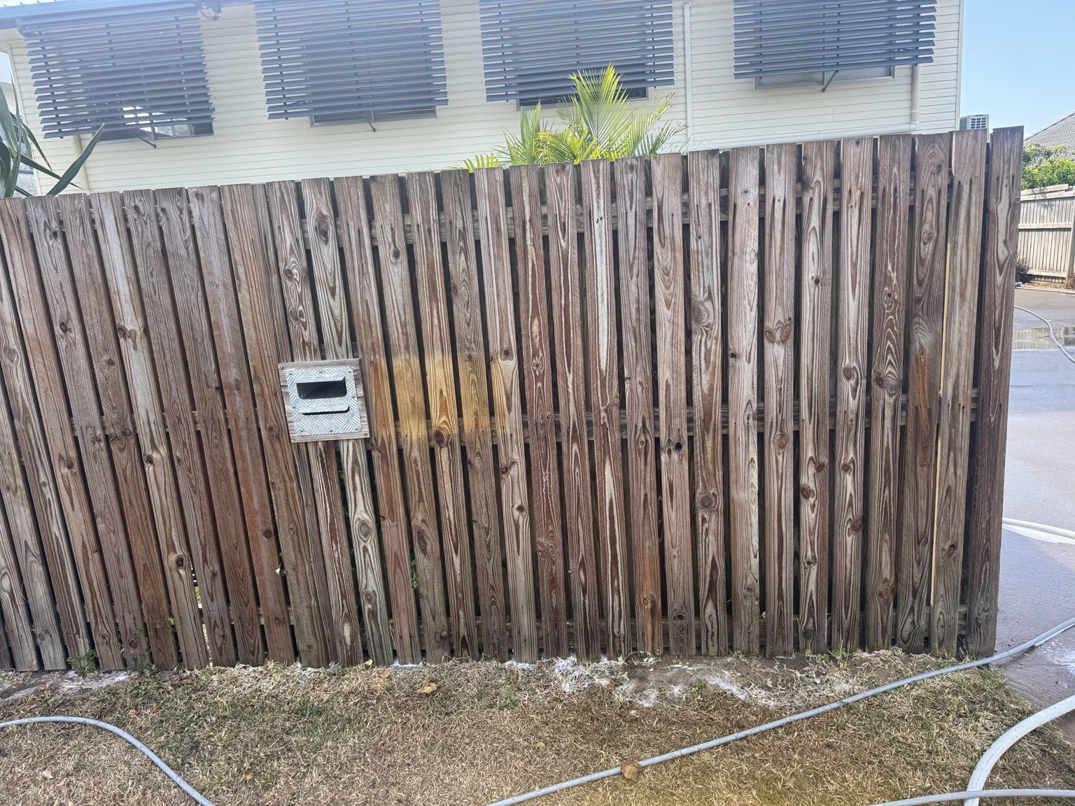 Timber fence in Slade Point after pressure cleaning with the palings still wet